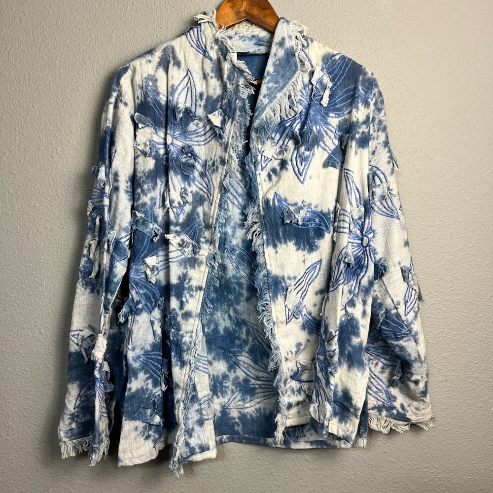 Dilemma Art-to-wear Artsy Tie Die Organic Cotton Jacket Boho Open‎ Front Fringe